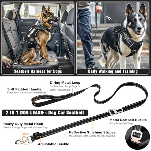 Tactical Dog Harness and Leash Set Medium Sized Dog,Heavy Duty No Pull Service Dog Vest and 10 Patches with Dog Seat Belt,Reflective Adjustable Pet Harness for Training Walking Hiking Black M - color: Black, size: Medium
