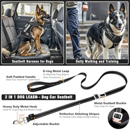 Tactical Dog Harness and Leash Set Medium Sized Dog,Heavy Duty No Pull Service Dog Vest and 10 Patches with Dog Seat Belt,Reflective Adjustable Pet Harness for Training Walking Hiking Black M - color: Black, size: Medium