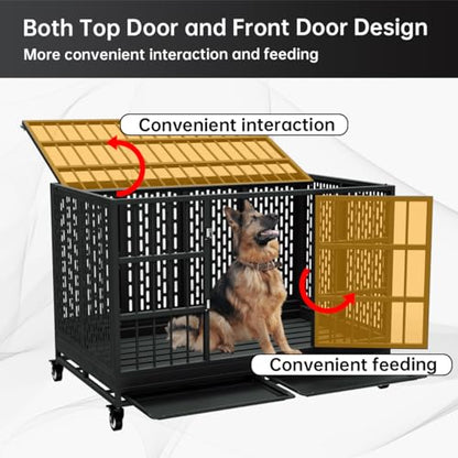 Snuowu 38 Inch Heavy Duty Dog Crate with Wheels, Folding Metal Big Dog Cage for Large and Medium Dogs, Extra Large XL XXL Indestructible Dog Crate with Removable Tray. - size: 37.3"L x 29.0"W x 32.0"H