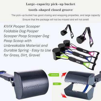 KIVIX 28" Pooper Scooper Pack of 2 Foldable Dog Poop Scoop with Unbreakable Material and Durable Spring - Easy to Use for Grass, Dirt, Gravel - color: BLUE & GREEN 2 pack