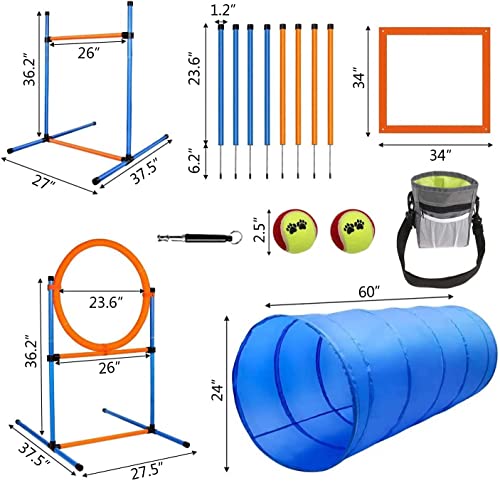 Dog Agility Training Equipment, 60-piece Dog Obstacle Course Training Starter Kit Pet Outdoor Game with Tunnel, Agility Hurdle, Weave Poles, Jump Ring, Pause Box, Toy Balls and Storage Bag - size: 5 PCS SET with Tunnel