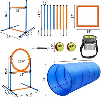 Dog Agility Training Equipment, 60-piece Dog Obstacle Course Training Starter Kit Pet Outdoor Game with Tunnel, Agility Hurdle, Weave Poles, Jump Ring, Pause Box, Toy Balls and Storage Bag - size: 5 PCS SET with Tunnel