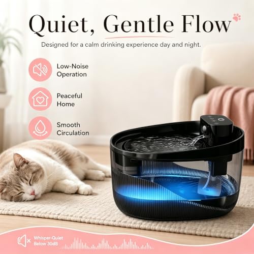 Cordless Cat Water Fountain, Pet Drinking Dispenser with LED Light, 4000mAh Battery Operated, 74oz/2.2L Wireless Fountain for Cats, Dogs and Small Pets (Black Water Fountain)