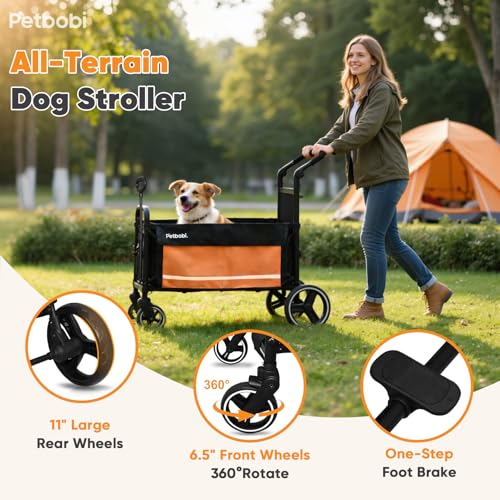 Petbobi Dog Wagon Stroller for Large & Medium Dogs, 2-in-1 Push Pull Pet Cart with Ramp, Foldable Wagon, 360° Swivel Wheels, Adjustable Handles, Safety Leashes, Orange - color: Orange