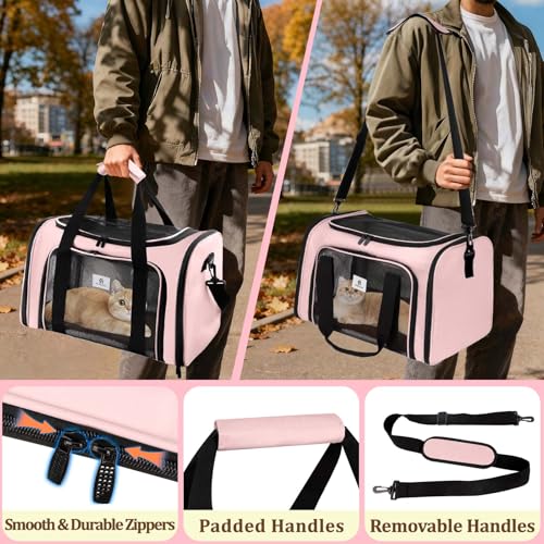 Cat Carrier Dog Carrier - Soft-Sided Cat Carrier with Plush Pad & Cooling Mat, Easy-Load 4-Side Zipper & 3-Side Mesh Ventilation, Pet Carrier Airline Approved for Cats/Dogs Up to 16 lbs, Pink - color: Pink