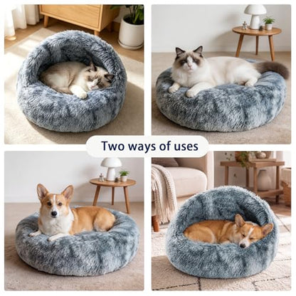Cat Cave Bed for Indoor Cats, Covered Cat Bed House, Semi-Enclosed Pet Bed with Non-Slip Bottom, Cozy Calming Cat Hideaway, Machine Washable Cat Bed for Kittens and Small Dogs, 16 Inch (16") - size: 16"