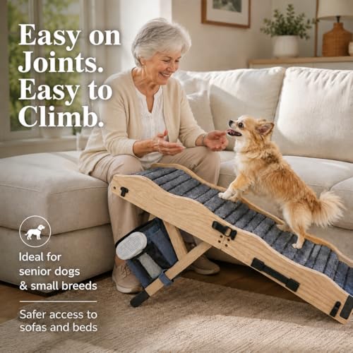 2026 Upgraded Dog Ramp for Couch & Low Bed, 33" L Folding Wood Pet Ramp 200LB Capacity, 4-Level Adjustable Height 11"-20", Non-Slip Sturdy Puppy Ramp for Small & Senior Dogs, Joint Relief, Wavy Design - color: 33"l Small