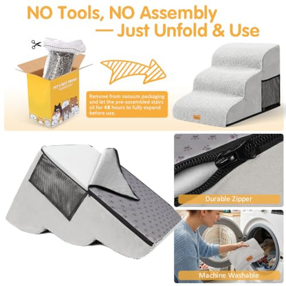 Topmart 3 Tiers Foam Dog Ramps/Steps, Non-Slip Pet Steps | Extra Wide Deep Dog Stairs, High Density Foam Pet Stairs/Ladder, Best for Older Dogs, Cats,Small Pets - color: Light Grey, size: 23.6*15.7*15.7