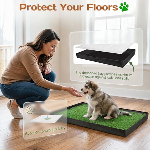 Dog Grass Pad with Tray - 32"x22" Dog Potty Grass with 8pc Pee Pads, Reusable Artificial Grass for Dogs Potty, Portable Indoor Outdoor Dogs Litter Box for Patio Balcony Porch