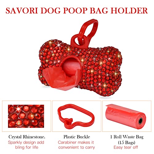 SAVORI Dog Poop Bag Holder Bling Crystal Dog Waste Bags Dispenser for Pet Dog Doggy with Carabiner Clip Includes 1 Roll 15 Bags (Red) - color: Red