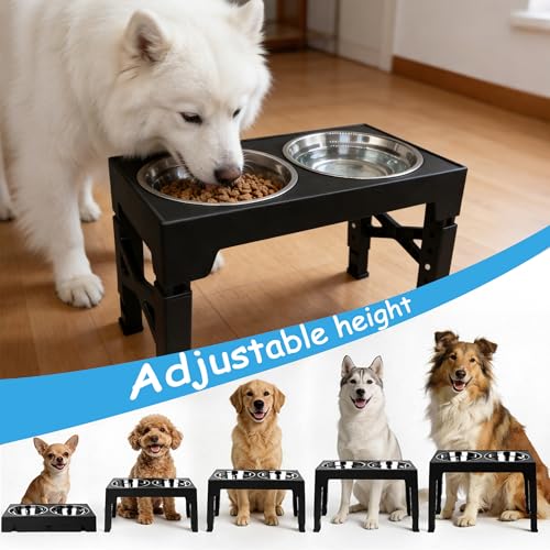 Elevated Dog Bowl Stand, Black, Adjustable Height, Double Stainless Steel Bowls,