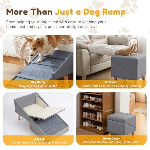 Dog Ramp for Small Dogs, 18.5" Extra Wide 3-in-1 Dog Stair with Foldable Ottoman & Hidden Storage Design, 15.7" H Safer Leather Pet Steps for Couch Sofa (Grey) - color: Grey