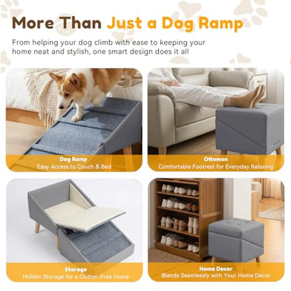 Dog Ramp for Small Dogs, 18.5" Extra Wide 3-in-1 Dog Stair with Foldable Ottoman & Hidden Storage Design, 15.7" H Safer Leather Pet Steps for Couch Sofa (Grey) - color: Grey