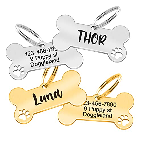 Custom Pet ID Tag, Personalized Cute Silver & Gold Bone & Hollowed Paw Shaped Collar Pendant Engraved Dog Name, Label, Address & Phone, Stainless Steel Shiny Puppies Tags Customizable on Both Sides