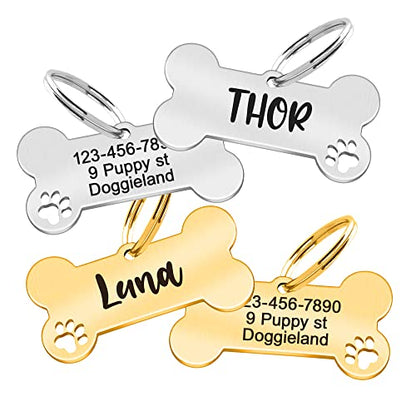 Custom Pet ID Tag, Personalized Cute Silver & Gold Bone & Hollowed Paw Shaped Collar Pendant Engraved Dog Name, Label, Address & Phone, Stainless Steel Shiny Puppies Tags Customizable on Both Sides