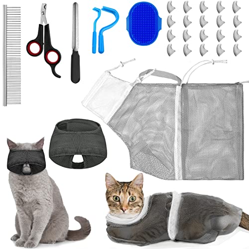 9 Pcs Cat Bathing Bag Set Cat Shower Bag Anti Bite and Scratch for Pet Grooming Washing Brush Comb Muzzle Nail Clipper Nail File Tick Tool(Blue, Gray) - color: Blue, Gray