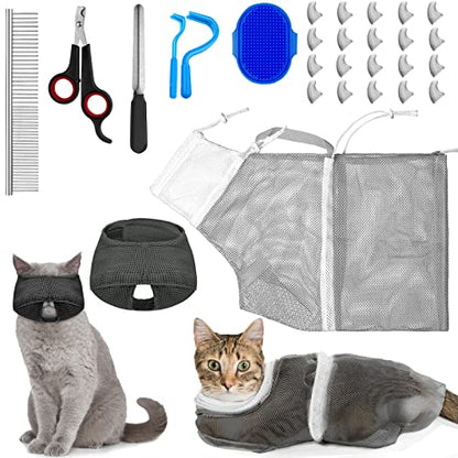 9 Pcs Cat Bathing Bag Set Cat Shower Bag Anti Bite and Scratch for Pet Grooming Washing Brush Comb Muzzle Nail Clipper Nail File Tick Tool(Blue, Gray) - color: Blue, Gray