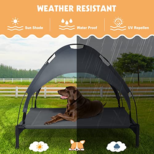 Elevated Dog Beds, Indoor Outdoor Raised Pet Bed, Portable Cooling Puppy Cot with Breathable Mesh, Canopy, Durable Steel Frame for All-Year Use