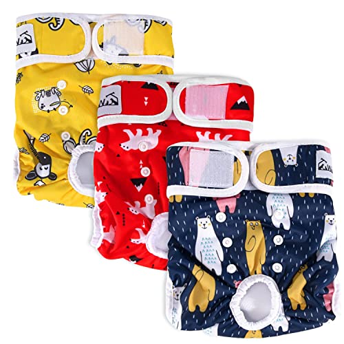SlowTon Washable Dog Diapers Female - 3 Pack No Leak Reusable Doggie Puppy Diaper with Adjustable Buttons, Comfortable Female Dog Diapers for Heat Cycle Period Small Medium Large Dogs (L) - color: C.Animal, size: Large（19''-26''Waist)