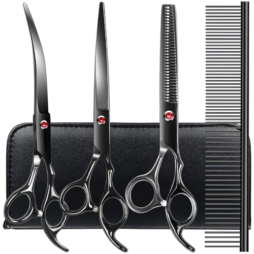TINMARDA Dog Grooming Kit, Titanium Black Stainless Steel Dog Grooming Scissors with Curved Shears, Black Finger Rings - 4 Piece Sharp Durable Pet Shears for Dogs Cats At Home Salon-Quality Grooming - color: Black, size: 4 Piece