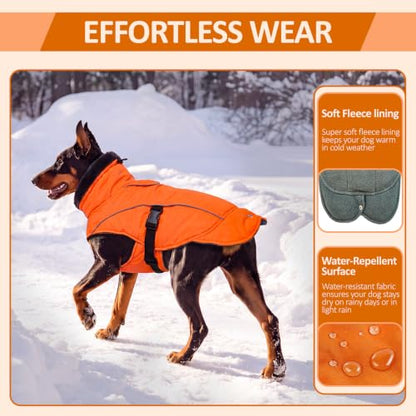 DENTRUN Warm Dog Winter Coat, Easy On Reflective Turtleneck Fleece Jacket | Adjustable buckle, easy on off, windproof & water-repellent, thick fleece snowsuit, outfit fits small to large breeds - color: Orange, size: Small