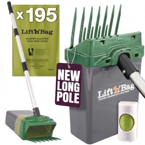 Neater Pet Brands Lift N’ Bag 2.0 Dog Pooper Scooper with Bag Attachment & 31" Pole for Small to Large Dogs, New Longer Pole, 195 Refill Bags, Heavy Duty Dog Poop Scooper for Yard, One-Hand Use - color: Green Scoop w/ Grey Bin, size: 195 Bags