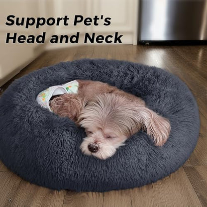 Calming Round Dog Bed & Cat Bed with Anti-Slip Bottom, Medium Size Washable Anti-Anxiety Donut Dog Beds for Small Dogs & Cats, Fluffy Plush Soft Dog Bed(24 Inch, Blue Grey) - color: Blue Grey, size: 24"l x 24"w x 8"th