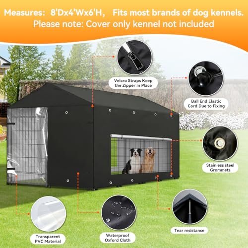Dog Kennel Cover Large Shade 8x4x6ft,Outdoor Crate Cover Fully Enclosed Outside Waterproof Dog Cage Cover with Anti-UV Mesh Window and Clear Panel for Viewing (Cover only) (8'Dx4'Wx6'H) - size: 8'Dx4'Wx6'H