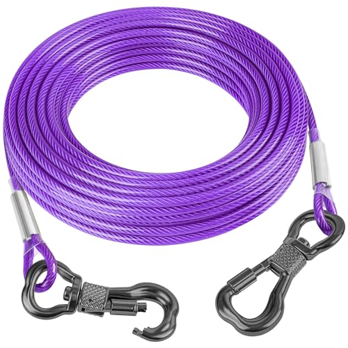 Tresbro 40FT Reflective Tie Out Cable for Dogs Up to 250 Pounds, Steel Wire Lead Leash Cable with Stainless Dual Fix Buckle, Lightweight and Enduring, Dog Chains for Outside, Yard, Camping, Purple - color: Purple, size: 250lbs 40FT 0.2IN