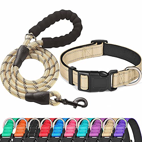 Ladoogo Reflective Dog Collar Padded with Soft Neoprene Breathable Adjustable Nylon Dog Collars for Small Medium Large Dogs (X-Small (Pack of 1), Vanilla Collar+Leash) - color: Vanilla Collar+Leash, size: X-Small (Pack of 1)