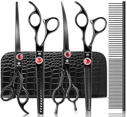 GLADOG 17.8cm(7인치) 전문 강아지 그루밍 가위 키트, 그루밍용 티타늄 강아지 가위, 그루밍을 위한 튼튼한 강아지 가위, 강아지용 6-in-1 애완동물 그루밍 가위 (프로 블랙) - style: 프로 블랙