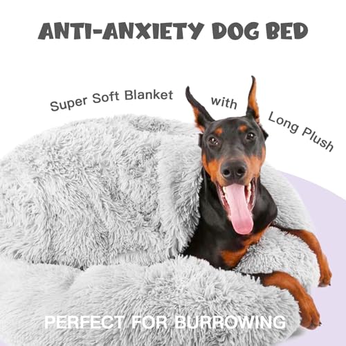Himax Donut Dog Beds for Large Dogs with Blanket, Cozy Soft Fluffy Round Dogs Beds, Calming Dog Bed Washable (20"/26"/35") Light Grey - color: Light Grey, size: 35.0"L x 35.0"W x 10.0"Th