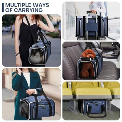 Pet Carrier, Large Soft Sided Expandable Travel Carrier with Steel Frame, Anti-Scratch Mesh, Removable Fleece Pad and Pockets for Cats, Dogs and Small Animals up to 15 lbs (Blue, 4 Sides Expandable) - color: Blue