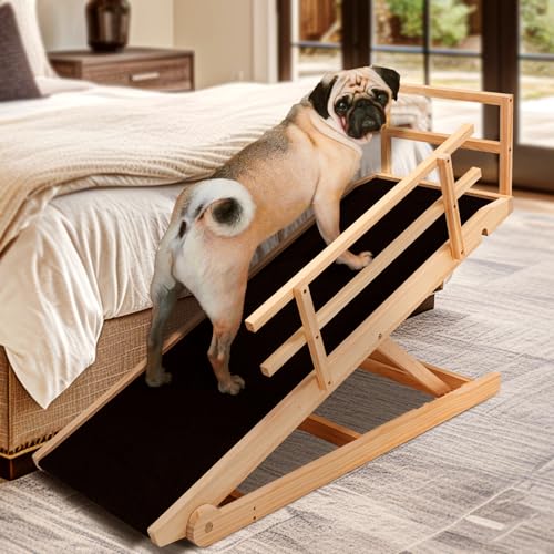 Dog Ramp for Bed, Adjustable Pet Ramps for Dog to Get on Bed, Non-Slip Rubber Surface - Folding Wooden Dog Ramp for Small/Large/Old Dogs, Adjustable up to 27.5 inch High Beds, Safety Railings - size: L-for 27.5''H Bed