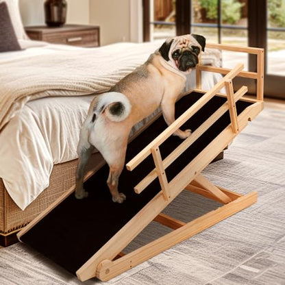 Dog Ramp for Bed, Adjustable Pet Ramps for Dog to Get on Bed, Non-Slip Rubber Surface - Folding Wooden Dog Ramp for Small/Large/Old Dogs, Adjustable up to 27.5 inch High Beds, Safety Railings - size: L-for 27.5''H Bed
