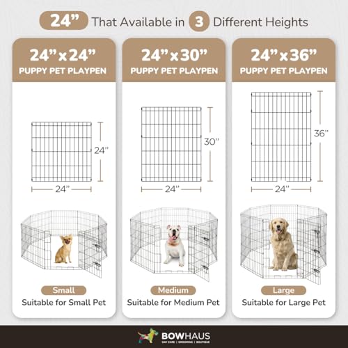 BOWHAUS Foldable Outdoor/Indoor Pet Playpen with Gate, Available in 24 Inch Height Metal Portable Kennel, Heavy-Duty Exercise Fence Cage 8 Panels for Small Dog, Animals - style: 24 Inch