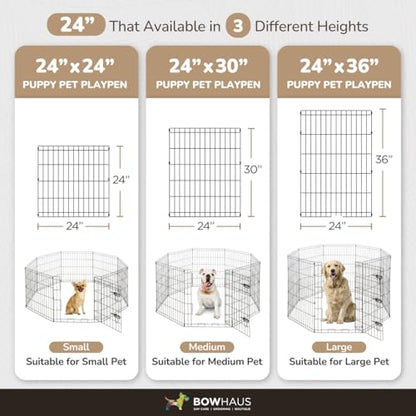 BOWHAUS Foldable Outdoor/Indoor Pet Playpen with Gate, Available in 24 Inch Height Metal Portable Kennel, Heavy-Duty Exercise Fence Cage 8 Panels for Small Dog, Animals - style: 24 Inch