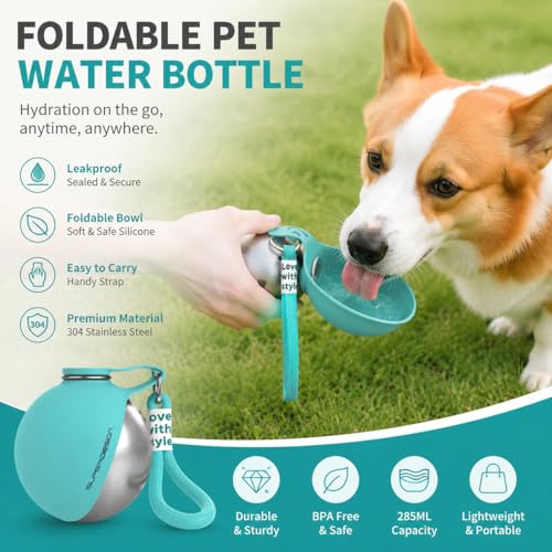 Portable Dog Water Bottle 10oz – Stainless Steel Travel Puppy Water Dispenser with No-Spill Bowl for Walking Hiking Small Dogs Outdoor (Pink) - color: Pink