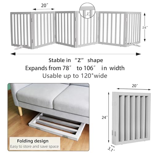 ZJSF Freestanding Indoor Dog Gate for House Foldable Wood Puppy Gate for Doorways Pet Gate for Stairs Extra Wide Pet Fence, Grey, 24" Height 6 Panels