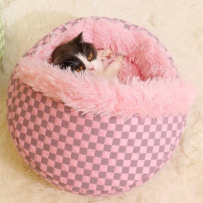 ound Hooded Cat Bed and Dog Bed with Covered Cave, Cat Bed for Small Dogs, Faux Fur Cuddle Pillow Round Recessed Cat Bed, Automatic Warming Donut Cat Bed (Pink) - color: pink