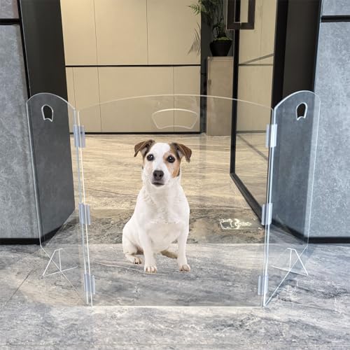 Clear Freestanding Dog Gate for Indoor Use,Pet Gates for Doorways no Drilling,Acrylic Foldable Dog Gate for Stairs with Support Feet (3Panel - 60''W x 23''H) - size: 3Panel - 60''W x 23''H