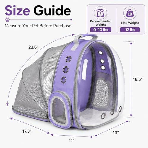 Expandable Cat Backpack Carrier, Breathable Clear Bubble Window Pet Carrier for Small Dogs and Cats up to 12 lbs, Airline Approved Travel Bag for Hiking and Outdoor Use (Back Expandable-Purple) - color: Purple