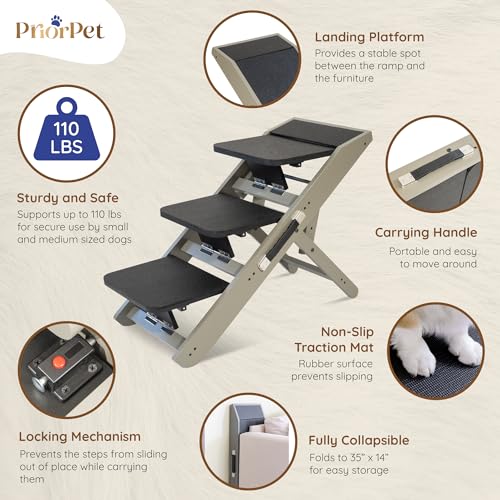 Dog ramp for Couch – Non-Slip, Sturdy Build Foldable Dog ramp – Supports up to 200lbs – Adjustable 7'' to 20'' – Landing Platform Seamlessly Connects – Birchwood Pet Ramp for Small Dogs – Gray