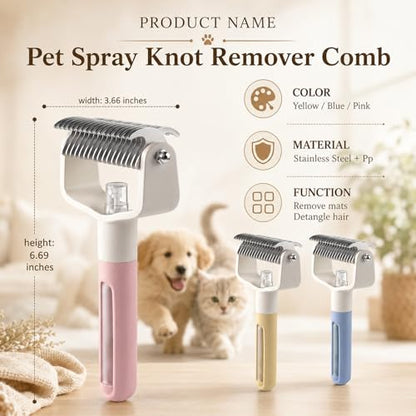 Dual-Sided Pet Grooming Comb,2‑in‑1 Professional Brush Deshedding Dog Brush with Spray Design, Dematting Comb Undercoat Rake for Long Haired Pet Grooming Tool - color: Yellow