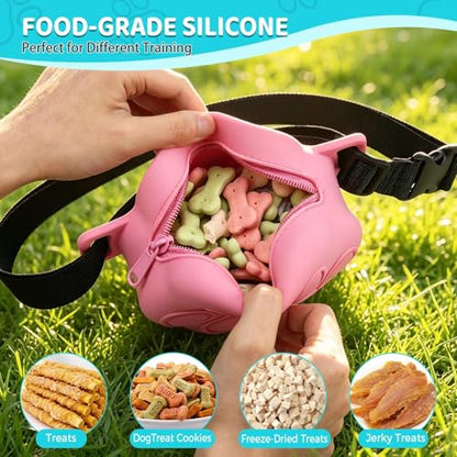 Dog Treat Pouch with Training Clicker and 2 Poop Bags, 1.8 Cup Small Sealable Zipper Silicone Fanny Pack with Waist Belt, Pet Puppy Training & Walking Essentials (Pink) - color: Pink