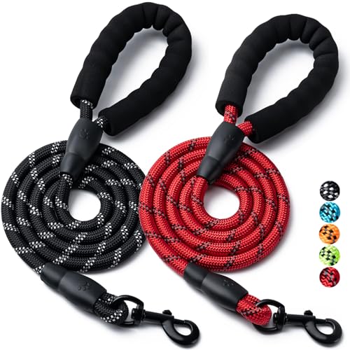 2 Pack Dog Leash, 4/5//6 FT Heavy Duty Nylon Rope Pet Leashes with Comfortable Padded Handle, Reflective Dog Leashes for Small Medium and Large Dogs (4FT-1/2,Black/Red) - color: 2PCS-Black+Red, size: 1/2"x 4 FT (18~120 lbs.)