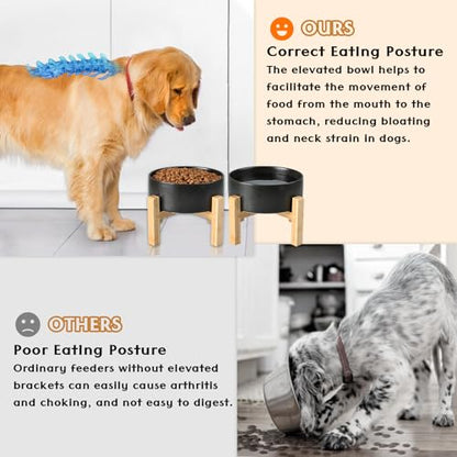 SPUNKYJUNKY Ceramic Elevated Dog Bowls 2 Pack - 6.1inch Raised Dog Bowls with Non-Slip Wooden Stand for Medium Dogs Dishwasher Safe(Black,28.7OZ*2) - color: Black, size: Medium - 3.6 CUPS*2