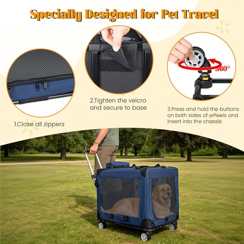 Large Foldable Rolling Dog Carrier,3-Doors Cat Carrier with Detachable Wheels,Pet Rolling Bag 24"x17"x17" for Large Cats, Medium & Small Dogs, Detachable for Travel,Vet Visits,Outdoor Walks (24 inch) - size: 24 inch