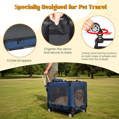 Large Foldable Rolling Dog Carrier,3-Doors Cat Carrier with Detachable Wheels,Pet Rolling Bag 24"x17"x17" for Large Cats, Medium & Small Dogs, Detachable for Travel,Vet Visits,Outdoor Walks (24 inch) - size: 24 inch