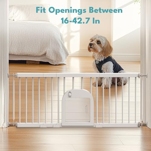 No Pawblems Dog Gate with Small Pet Door, 16"-42.7" Adjustable Metal Short Dog Gate to Step Over, 16.5" Tall Small Pet Gate with 3 Extension Kits, Pressure Mounted Gate for Doorways & Stairs, White